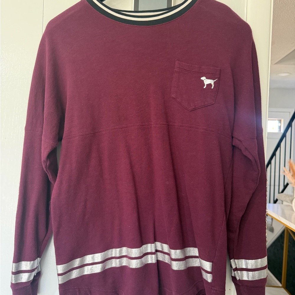 Victoria's Secret Men's Burgundy Sweatshirt with Silver Stripes